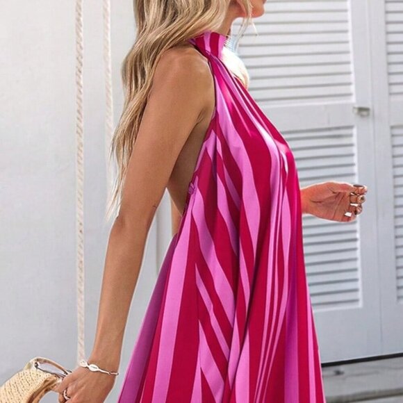 Pink Striped Casual Women's tie halter neck ruffled hem maxi Dress - Picture 5 of 6